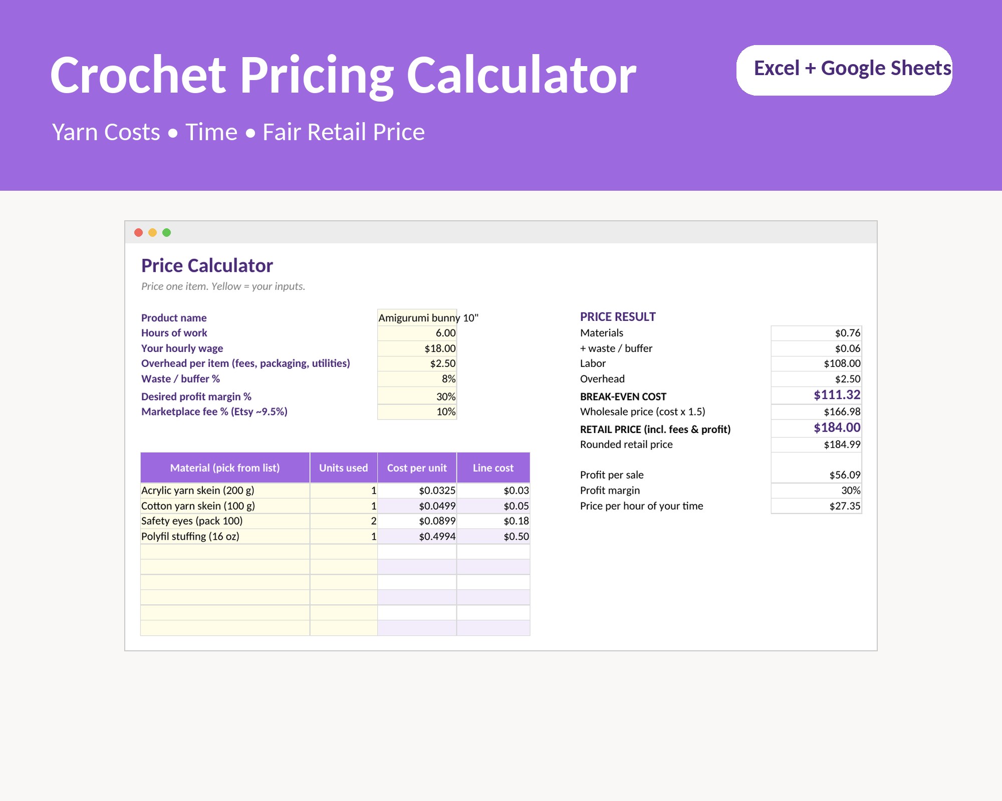 Crochet Pricing Calculator, Yarn Cost Spreadsheet for Excel and Google Sheets, Amigurumi and Knitting Price Calculator f