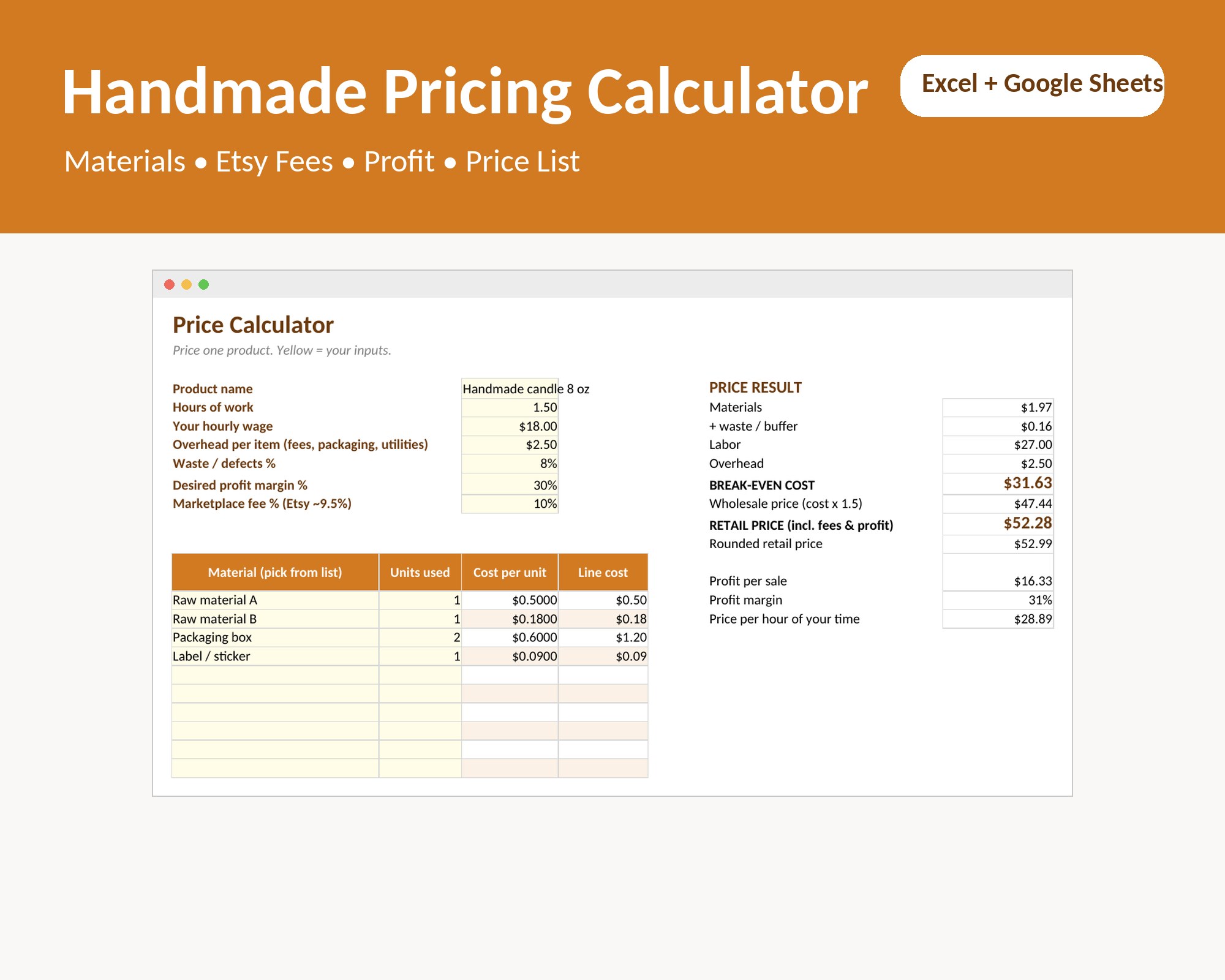 Etsy Pricing Calculator, Handmade Product Pricing Spreadsheet for Excel and Google Sheets, Profit Margin and Cost Calcul