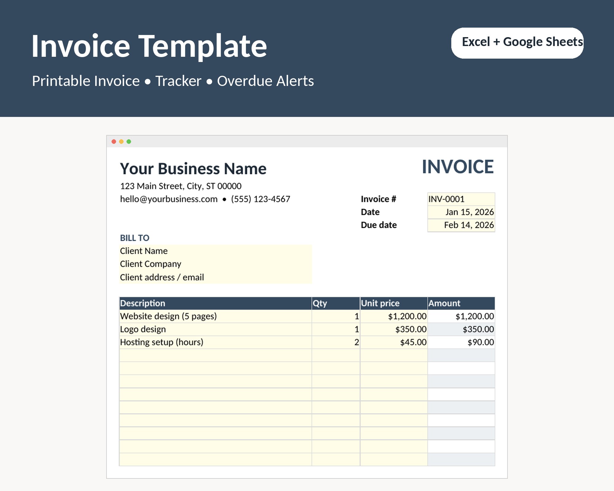 Invoice Template and Invoice Tracker for Excel and Google Sheets, Printable Small Business Invoice, Freelance Billing Sp