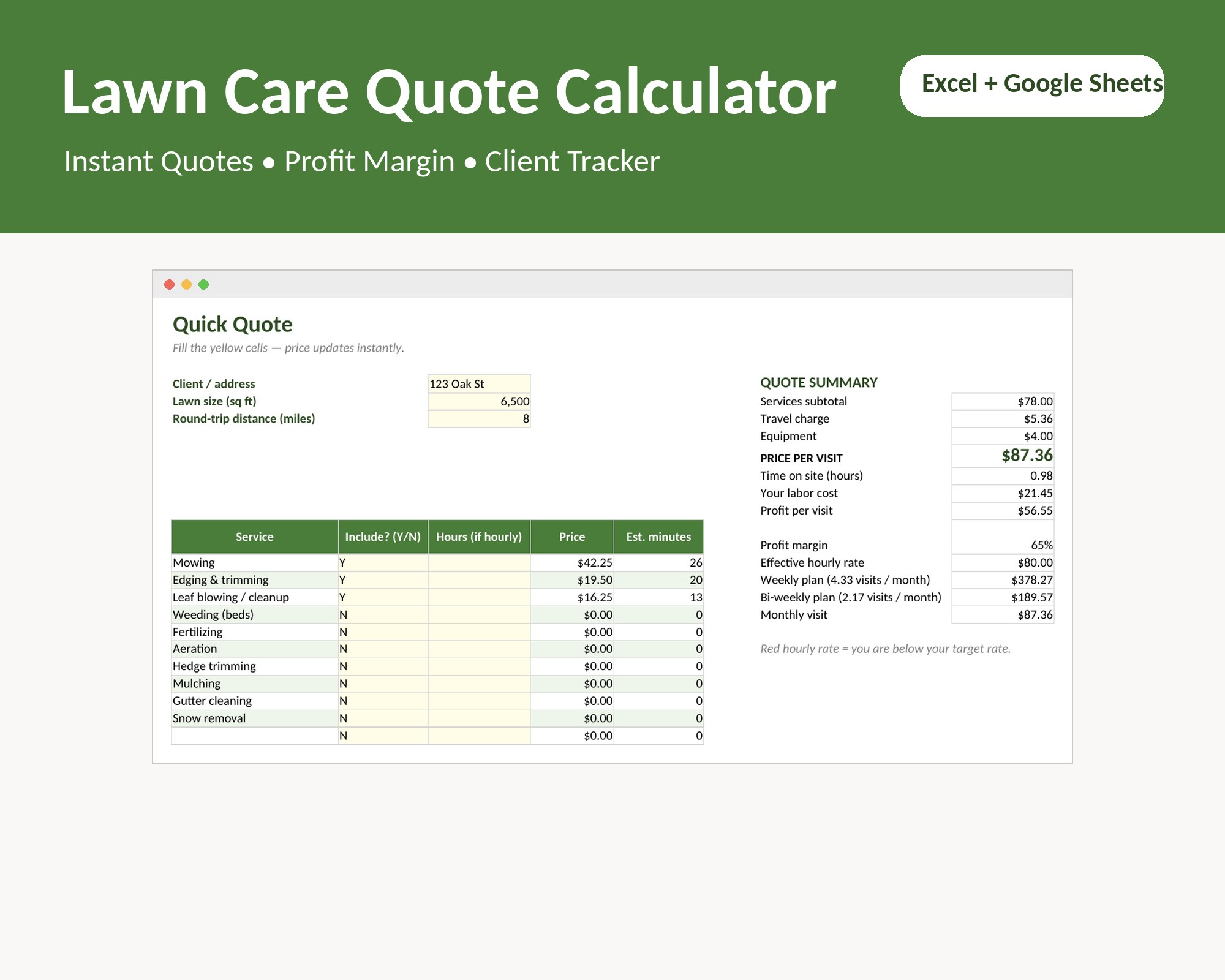 Lawn Care Pricing Calculator, Landscaping Quote Template for Excel and Google Sheets, Mowing Price Estimator, Lawn Busin