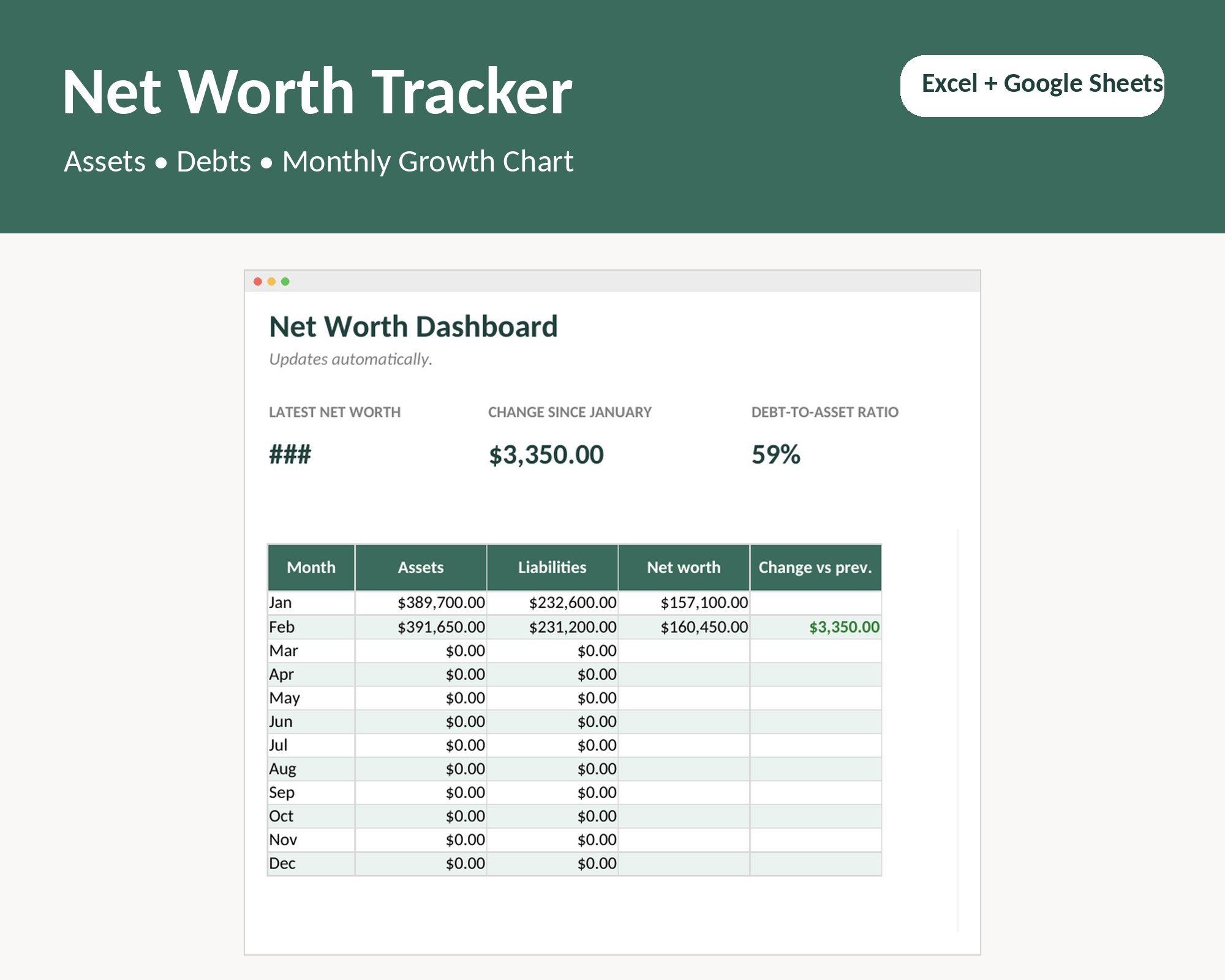 Net Worth Tracker Spreadsheet, Monthly Net Worth Calculator for Excel and Google Sheets, Assets and Debt Tracker, Person